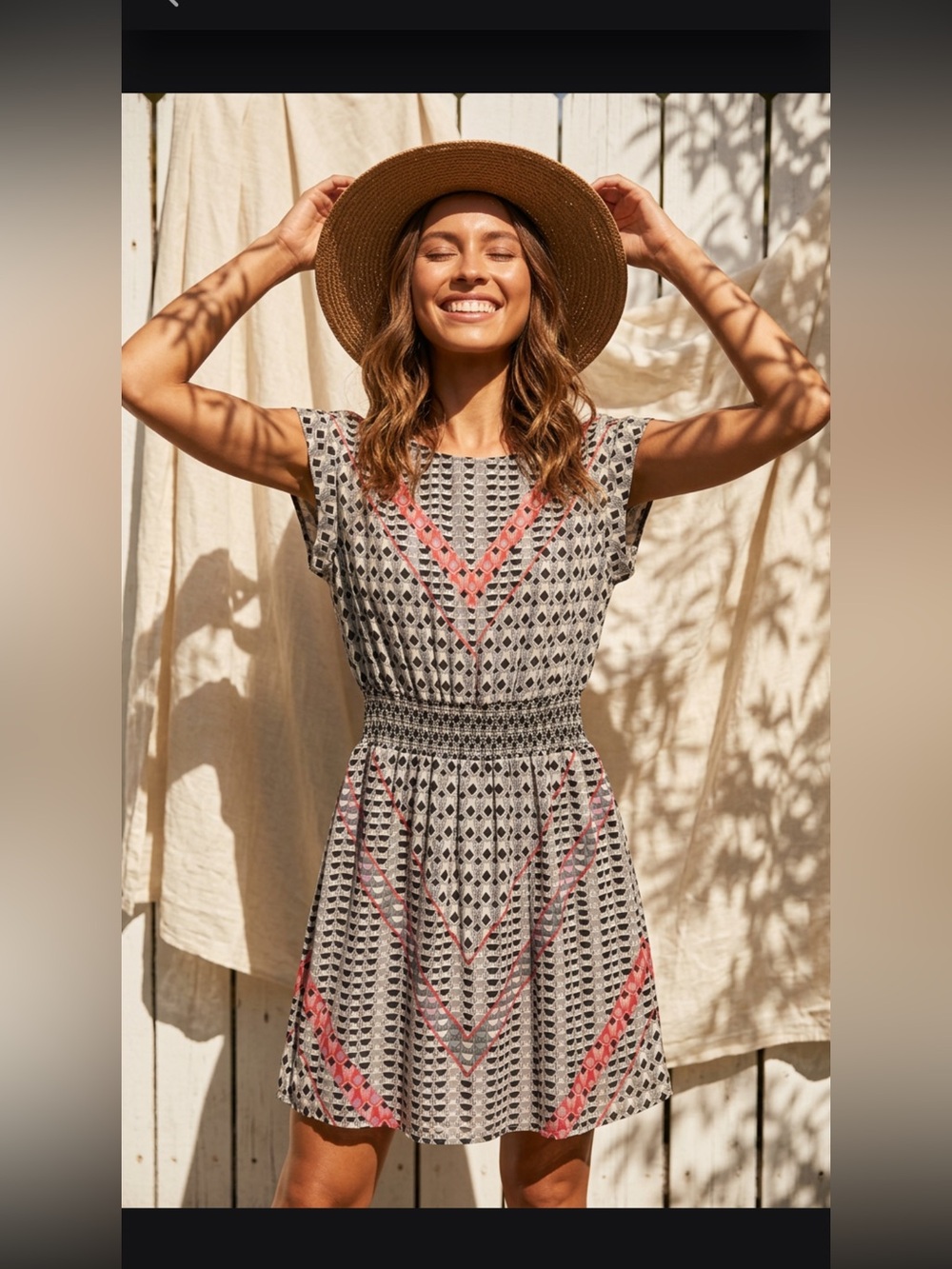 DR2 Gray Printed Smocked Mini Dress with Pink Chevron Detail